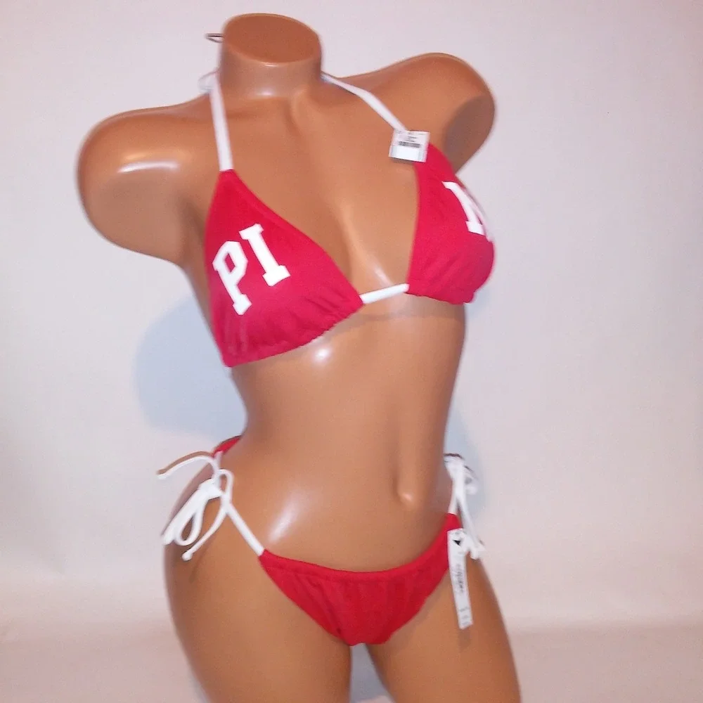 Victoria Secret PINK Swim Bikini Medium Top & Bottom Red White Logo Triangle New